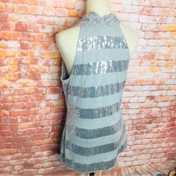 White House Black Market Gray and Silver Sequined Cowl Neck Sleeveless Blouse - Picture 5 of 8